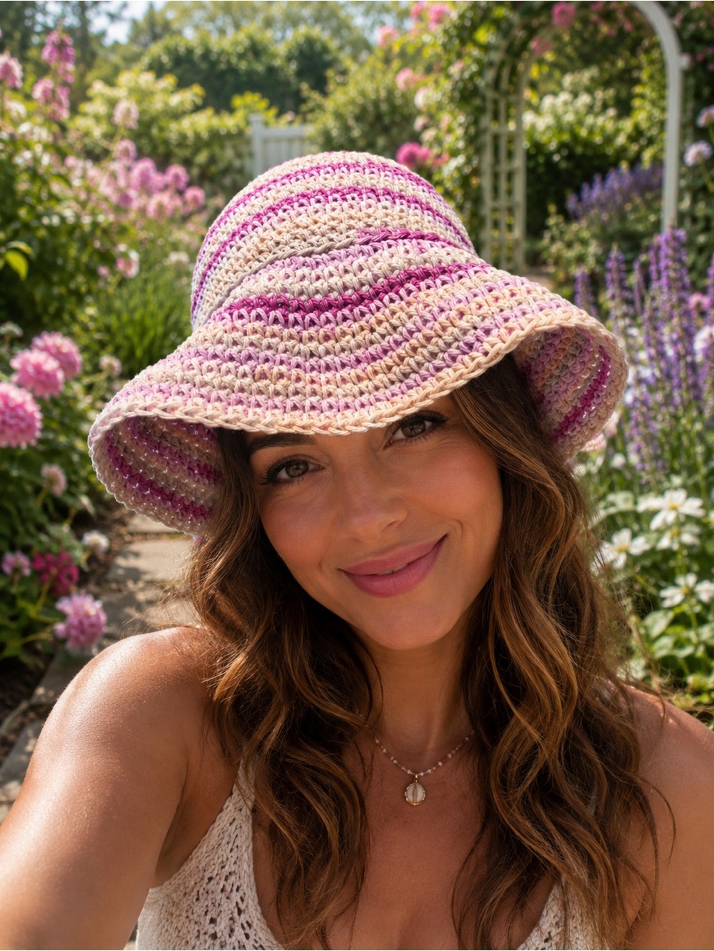 Crochet Pink & Cream Crochet Sun Hat - Women's Summer Bucket Hat Handmade